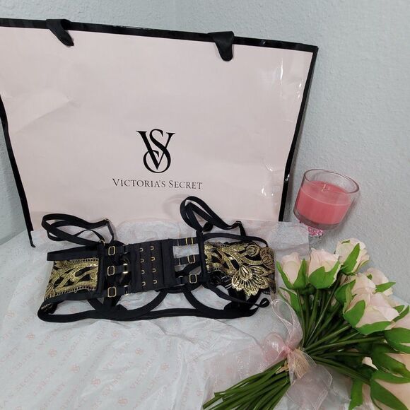 1423 VICTORIA'S SECRET BLACK GOLD Strappy Embroidered Open Cup Balconett… - Picture 7 of 11